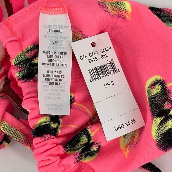 Aerie Reversible Triangle Bikini Top Cherry Abstract Print Women Small Pink NWT - Picture 3 of 4